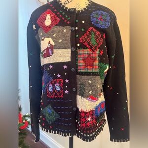 Vintage Erika Ugly Christmas Sweater Cardigan Black Women’s Large Snowman Snow